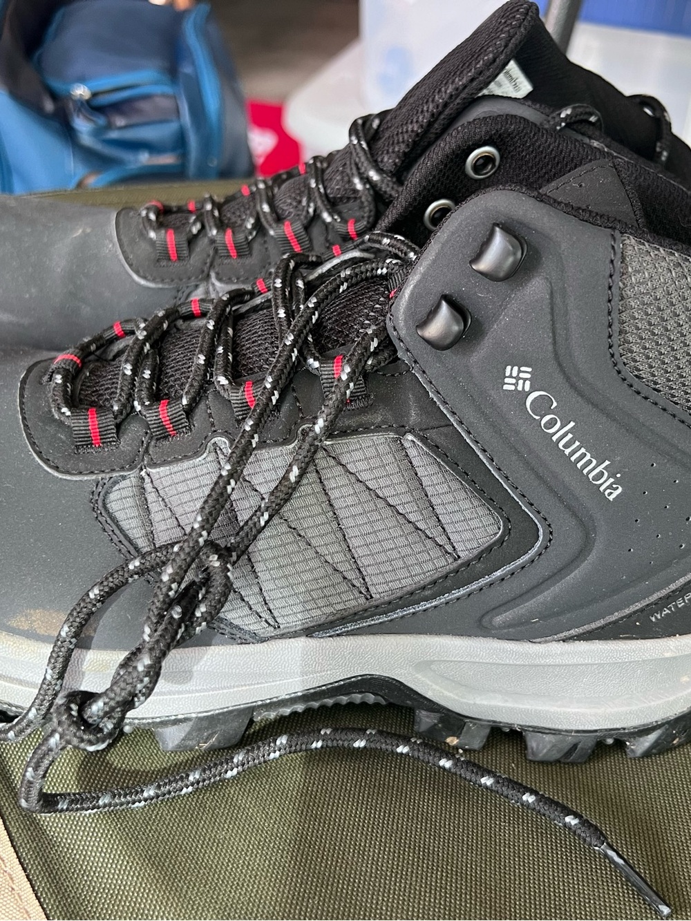 Columbia Black and Gray Men's Waterproof Hiking Boots with Red Lace Accents